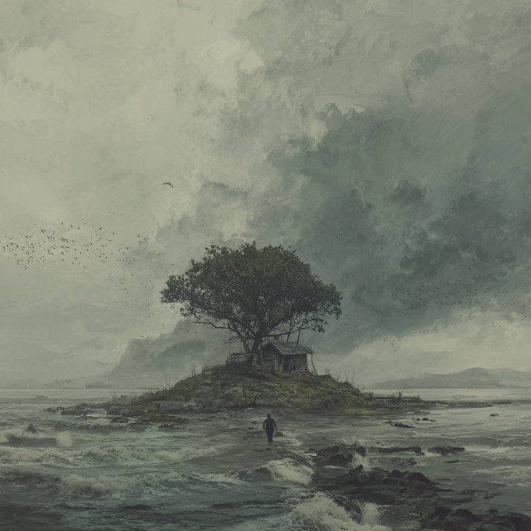a person in a storm heading towards an island