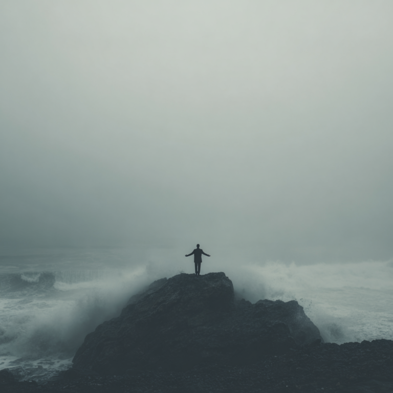 a leader on a large rock with water crashing all around them